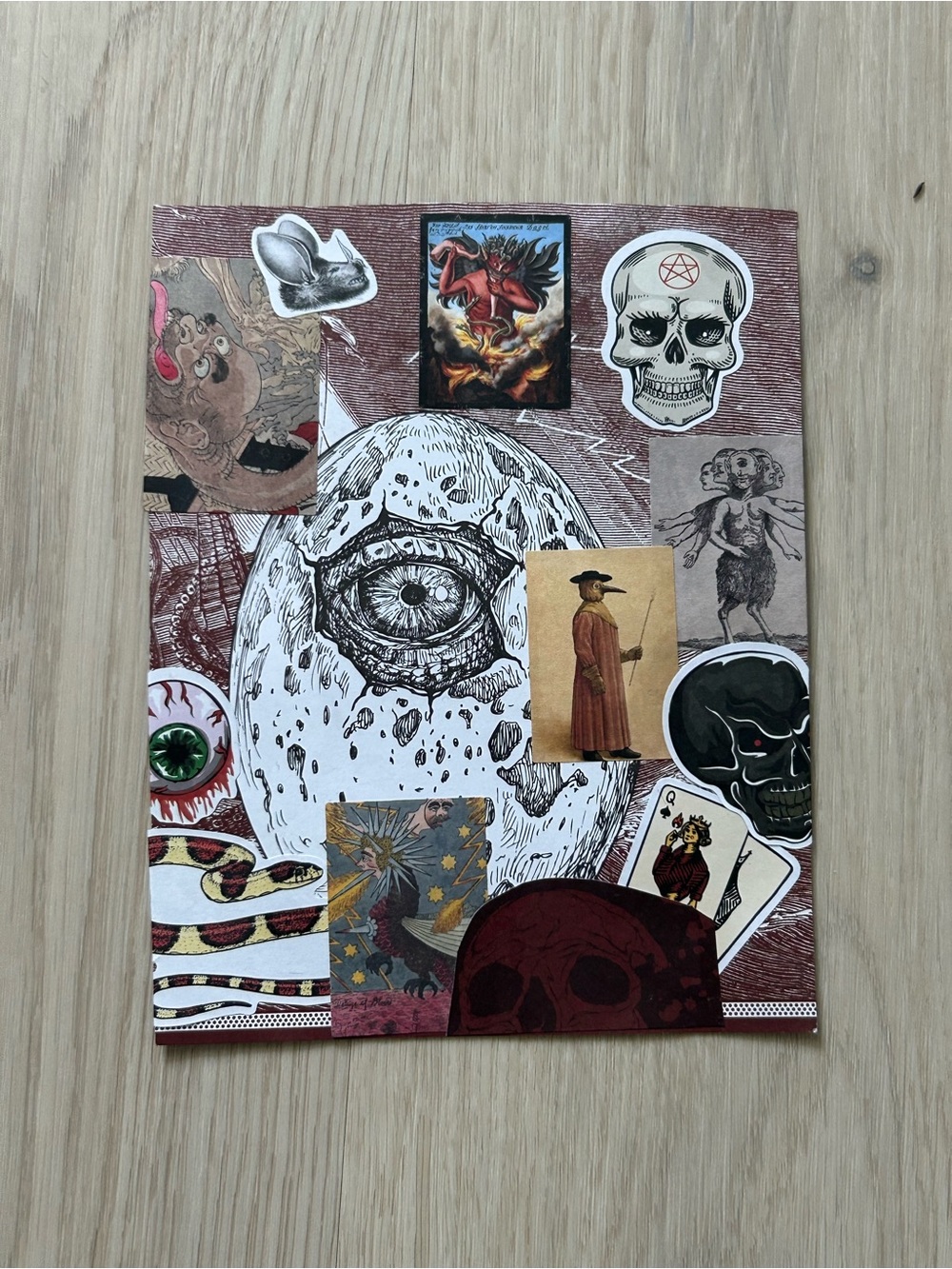 Mystic Collage Art Print with Skull & Eye Motif - Red, White, Black